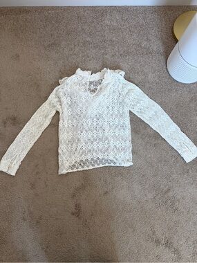 maje size 2 White Lace Long-Sleeve Ruffle Neck Top